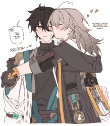 1boy 1girl black_gloves black_hair black_shirt brown_jacket closed_eyes dan_heng_(honkai:_star_rail) earrings english_text gloves grey_hair heart hetero highres honkai:_star_rail honkai_(series) jacket jewelry kiss kissing_cheek loose_hair_strand majunjuu one_eye_closed shirt short_hair speech_bubble stelle_(honkai:_star_rail) trailblazer_(honkai:_star_rail) very_short_hair white_jacket
