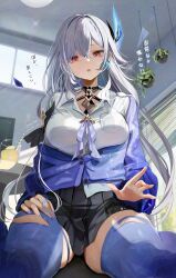 1girl black_skirt blue_nails blue_thighhighs breast_pocket breasts collared_shirt commentary_request cup drinking_straw fingernails genshin_impact grey_hair hair_between_eyes hair_ornament highres indoors kabu_usagi large_breasts long_hair looking_at_viewer nail_polish open_mouth partially_unbuttoned pleated_skirt pocket red_eyes shirt signature skirk_(genshin_impact) skirt solo thighhighs twitter_username very_long_hair white_shirt window_blinds