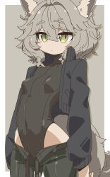 1girl ahoge animal_ear_fluff animal_ears belt black_belt black_jacket black_leotard black_pants border breasts brown_background closed_mouth covered_collarbone covered_navel cowboy_shot cropped_jacket expressionless green_eyes green_pants grey_background grey_hair hair_between_eyes highleg highleg_leotard highres jacket jaggy_lines kagura_roku leotard leotard_under_clothes long_sleeves medium_hair nemo_(vrchat) open_belt open_clothes open_fly open_jacket open_pants pants simple_background small_breasts solo standing tail thick_eyebrows turtleneck two-tone_background vrchat white_border wolf_ears wolf_girl wolf_tail