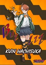 1girl absurdres bee black_nails blush boku_no_hero_academia bow bowtie breasts brown_shoes bug earrings eyepatch female_focus full_body green_hair green_jacket grey_skirt hachisuka_kuin hair_over_one_eye highres insect jacket jewelry kneehighs miniskirt multicolored_kneehighs multicolored_thighhighs nail_polish official_art one_eye_covered orange_bow orange_bowtie orange_eyes pleated_skirt school_uniform sharp_teeth shirt shirt_tucked_in shoes short_hair skirt small_breasts smile socks solo solo_focus teeth thighhighs thighs vigilante_-boku_no_hero_academia:_illegals- white_eyepatch white_shirt zettai_ryouiki