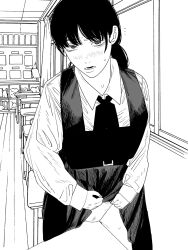 1girl blush chainsaw_man classroom collared_shirt crotch_rub desk dress female_masturbation fourth_east_high_school_uniform fujimoto_tatsuki_(style) greyscale highres indoors long_sleeves looking_at_viewer masturbation mitaka_asa monochrome nanami_toga open_mouth pinafore_dress school_desk school_uniform shirt sleeveless sleeveless_dress solo sweat table_humping window