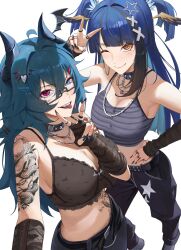 2girls absurdres ahoge aqua_hair arm_tattoo aruna_reaver belt black_belt black_collar black_gloves black_hair black_horns black_nails black_pants blue_eyes blue_hair breasts cleavage closed_mouth collar demon_horns elbow_gloves fingerless_gloves fingernails glasses gloves hair_ornament hand_on_own_hip head_wings heart heart_hair_ornament heterochromia highres horns indie_virtual_youtuber isaa_corva jewelry long_hair midriff mole mole_under_eye multiple_girls navel_piercing necklace one_eye_closed pants piercing rasipan red_eyes ring second-party_source semi-rimless_eyewear sharp_fingernails snake_tattoo spiked_collar spikes star_(symbol) star_hair_ornament stomach_tattoo tattoo tongue tongue_out tongue_piercing two_side_up v v_over_mouth virtual_youtuber wings x_hair_ornament