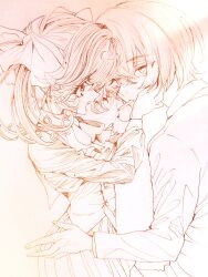 Rule 34 | 1boy, 1girl, aya carmine, bow, cigarette, commentary request, expressionless, eye contact, formal clothes, hair bow, hands on another&#039;s face, highres, hitomi hirosuke (sayonara wo oshiete), looking at another, millipen (medium), monochrome, nib pen (medium), open mouth, pen (medium), sayonara wo oshiete, school uniform, skirt, suit, tamachi mahiru, traditional media, twintails, vest