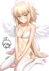 1boy 1girl absurdres angel_wings bare_shoulders besmiled blonde_hair blood blush breasts brown_eyes chibi cleavage fate/grand_order fate_(series) feathered_wings food fujimaru_ritsuka_(male) halo highres jeanne_d&#039;arc_(fate) long_hair looking_at_viewer macaron medium_breasts metatron_jeanne_(fate) navel nosebleed smile thighhighs thumbs_up very_long_hair wings