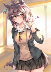1girl agnes_tachyon_(umamusume) animal_ears black_skirt blazer blush breasts brown_hair brown_necktie cardigan closed_mouth collared_shirt commentary_request cowboy_shot earrings finger_heart heart highres hisagi_(hisagi00) horse_ears horse_girl horse_tail indoors jacket jewelry looking_at_viewer medium_breasts miniskirt necktie open_clothes open_jacket orange_eyes pleated_skirt shirt short_hair skirt smile solo tail umamusume white_shirt yellow_cardigan