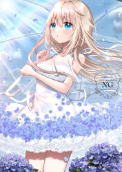 1girl bare_arms bare_shoulders blonde_hair blue_eyes blue_flower blue_sky blush breasts cloud commentary_request day dress floating_hair flower hair_between_eyes holding holding_umbrella hydrangea indie_virtual_youtuber long_hair outdoors parted_lips petals purple_flower sky sleeveless sleeveless_dress small_breasts solo transparent transparent_umbrella uchuuneko uchuuneko_(vtuber) umbrella very_long_hair virtual_youtuber watermark white_dress