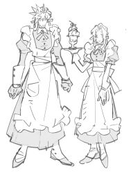 1boy 1girl aerith_gainsborough apron breasts cloud_strife cross_tie crossdressing dress final_fantasy final_fantasy_vii frilled_apron frills full_body greyscale highres holding holding_plate jaysoysaucee juliet_sleeves long_dress long_sleeves maid maid_apron maid_headdress medium_breasts monochrome parted_bangs plate puffy_sleeves short_hair sidelocks sketch smile spiked_hair white_background