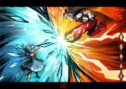 2girls black_sclera blue_bow blue_dress blue_hair bow burning_hair cirno clash colored_sclera cracking_ground crackling_energy detached_wings dress energy fighting fire fujiwara_no_mokou grey_hair hair_bow hands_in_pockets highres ice ice_wings kicking long_hair long_sleeves looking_at_another multiple_girls night247 ofuda ofuda_on_clothes pants pinafore_dress puffy_short_sleeves puffy_sleeves red_bow red_pants short_sleeves sleeveless sleeveless_dress touhou very_long_hair wings