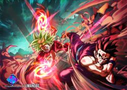 1boy 1girl black_eyes black_hair blood blue_eyes dougi dragon_ball dragon_ball_super fighting fighting_stance green_hair kefla_(dragon_ball) kicking muscular muscular_female muscular_male nosebleed scratches son_gohan super_saiyan tagme thick_thighs thighs torn_clothes tournament_of_power ultimate_gohan