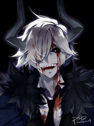 1boy black_sclera blood blood_on_clothes blood_on_face colored_sclera funamusea fur_collar haiiro_teien hair_over_eyes horns kcalb necktie one_eye_covered psd_(psdgai) white_hair