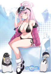 1girl bikini bird black_bikini blue_archive blush breasts cleavage closed_mouth collarbone commentary_request day eimi_(blue_archive) eimi_(swimsuit)_(blue_archive) glacier goggles goggles_on_head jacket jellyman large_breasts long_hair long_sleeves navel outdoors penguin pink_eyes pink_hair pink_jacket stomach swimsuit thighs