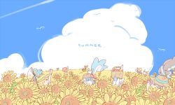 2girls 4boys apple arm_up barry_(pokemon) basket binoculars black_hair blonde_hair blue_eyes blue_hair blue_sky bottle bow brown_headwear closed_mouth dawn_(pokemon) day field flint_(pokemon) flower flower_field food froslass fruit gen_3_pokemon gen_4_pokemon hair_ornament hat hat_bow holding holding_binoculars jasmine_(pokemon) katiko lucas_(pokemon) lumineon multiple_boys multiple_girls net nintendo on_head orange_eyes outdoors pachirisu pink_bow pokemon pokemon_(creature) pokemon_dppt pokemon_on_head red_hair shinx sky smile straw_hat sunflower sunflower_field two_side_up volkner_(pokemon) wingull yellow_flower