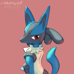 Rule 34 | artist name, black fur, blue fur, blue tail, gen 4 pokemon, highres, looking at viewer, looking back, lucario, multicolored fur, nintendo, pink background, pokemon, pokemon (creature), red eyes, simple background, solo, tail, upper body, yellow fur, yolabayola1