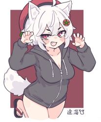 Rule 34 | animal ears, ausonlee, black hoodie, breasts, flip-flops, hat, hood, hoodie, medium breasts, medium hair, red eyes, sandals, tail, white hair, wolf ears, wolf tail