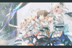 Rule 34 | 1st generation (hololive), 4girls, ahoge, akai haato, aki rosenthal, animal ear fluff, animal ears, arms up, black bow, blonde hair, bow, braid, brown hair, earrings, extra ears, fox ears, fox girl, fox shadow puppet, fox tail, green eyes, hair between eyes, hair bow, highres, hololive, hololive idol uniform (bright), jewelry, light particles, long hair, looking at viewer, multiple girls, nagishiro mito, natsuiro matsuri, official alternate costume, open mouth, pointing, shirakami fubuki, short hair, sidelocks, single braid, smile, stage, tail, virtual youtuber, white hair