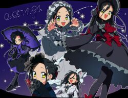 1girl black_dress black_hair black_pantyhose blonde_hair bonnet claw_pose closed_eyes dress folding_fan hair_down hair_ornament hand_fan happy highres holding holding_umbrella japanese_clothes kamisaki_hikaru kimono lolita_fashion long_hair looking_at_viewer medalist_(manga) multiple_views nzeneee open_mouth pantyhose parasol smile star_(sky) umbrella updo white_dress