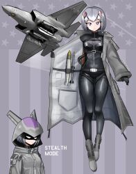 1girl absurdres aircraft artist_name belt black_bodysuit black_gloves bodysuit bomb closed_mouth english_text explosive expressionless f-35_lightning_ii full_body gloves grey_hair headgear highres hood hood_up long_sleeves looking_at_viewer mecha_musume military military_vehicle multiple_views original pandramodo purple_eyes rocket short_hair standing twitter_username upper_body