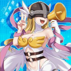 1girl angel angewomon bare_shoulders blonde_hair blue_background boobplate breastplate breasts clothing_cutout dclaret digimon digimon_(creature) fang highres holding holding_megaphone large_breasts long_hair megaphone navel solo stomach_cutout upper_body v