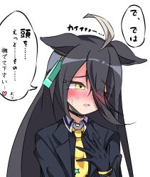 132109chisato 1girl absurdres ahoge animal_ears averting_eyes black_choker black_coat black_gloves blush choker coat commentary_request ear_tag earrings ears_down furrowed_brow gloves grey_hair hands_up highres horse_ears horse_girl jewelry long_hair manhattan_cafe_(umamusume) multicolored_hair necktie simple_background single_earring solo speech_bubble sweatdrop translated umamusume very_long_hair white_background yellow_eyes yellow_necktie
