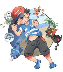 1boy ash_ketchum bad_id bad_twitter_id baseball_cap black_hair closed_eyes creatures_(company) game_freak gen_7_pokemon hat kotatsu_keibiin litten male_focus nintendo palm_tree pokemon pokemon_(anime) pokemon_(creature) pokemon_sm pokemon_sm_(anime) popplio rowlet shirt shoes short_hair smile sneakers starter_pokemon_trio striped_clothes striped_shirt t-shirt tree