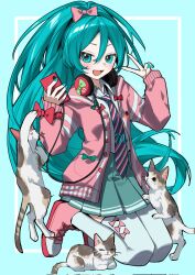 1girl aqua_eyes aqua_hair aqua_skirt blue_background blush bow bow_legwear buttons calico_cat cardigan cat collared_shirt commentary corrupted_twitter_file diagonal-striped_clothes diagonal-striped_necktie full_body green_bow hair_between_eyes hair_bow half_updo hands_up hatsune_miku hatsune_miku_(ribbon_girl) headphones headphones_around_neck highres holding holding_phone hood hood_down long_hair looking_at_viewer miniskirt myuga66666 necktie open_cardigan open_clothes open_mouth phone pink_bow pink_shoes pleated_skirt project_diva_(series) project_diva_f red_bow red_scrunchie scrunchie shirt shoes skirt smile sneakers solo striped_clothes striped_necktie thighhighs v very_long_hair vocaloid white_shirt white_thighhighs wing_collar wrist_scrunchie