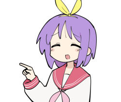 1girl blush_stickers bow closed_eyes fusazakura hair_bow hiiragi_tsukasa laughing lucky_star medium_hair pointing purple_hair ryouou_school_uniform school_uniform serafuku short_hair solo tears white_background