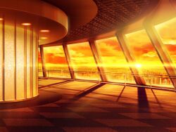 artist_request carpet ceiling_light checkered_floor city cloud elevator game_cg indoors lens_flare magia_record:_mahou_shoujo_madoka_magica_gaiden mahou_shoujo_madoka_magica no_humans official_art orange_sky railing sky sun sunlight window