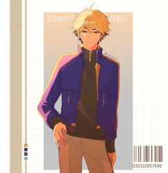 1boy ahoge barcode black_hair black_shirt blonde_hair blue_jacket closed_mouth cowboy_shot english_text ese000_0 grey_pants hair_between_eyes hand_on_own_hip highres jacket long_sleeves looking_at_viewer male_focus multicolored_hair open_clothes open_jacket orange_eyes pants shiguang_dailiren shirt short_hair sleeves_past_wrists solo standing turtleneck twitter_username xia_fei zipper zipper_pull_tab