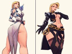 1girl absurdres ass black_vs_white blonde_hair blue_eyes blue_lips breasts dual_persona earrings emma_frost emma_frost_(x-revolution) female_focus grey_background highres jewelry large_breasts looking_at_viewer marvel marvel_rivals navel official_alternate_costume raichiyo33 signature simple_background