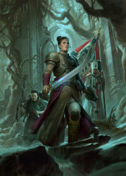 1boy 2girls arch armor asymmetrical_dual_wielding banner bare_tree bolt_pistol bulletproof_vest commentary darren_tan dual_wielding english_commentary explosive grenade gun hair_bun highres holding holding_banner holding_gun holding_sword holding_weapon multiple_girls original overgrown ruins scar scar_on_face shoulder_armor side_ponytail single_hair_bun sword tree weapon