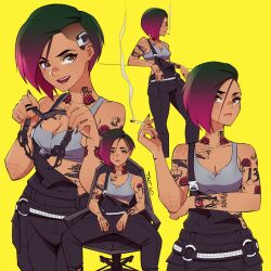 1girl arm_tattoo breasts brown_eyes chair cigarette cyberpunk cyberpunk_(series) cyberpunk_2077 english_text gaming_chair green_hair holding holding_cigarette judy_alvarez medium_breasts multicolored_hair neck_tattoo on_chair parody pink_hair red_hair short_hair shoulder_tattoo smoking style_parody suspenders swivel_chair talt_lo tank_top tattoo video_game yellow_background