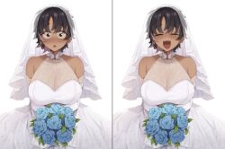 1girl :o black_hair blue_flower blue_rose blush bon_(vtuber) bouquet breasts bridal_veil bride closed_eyes collarbone cowboy_shot dark-skinned_female dark_skin dress ear_piercing earrings elbow_gloves fang fish_skeleton_earrings flower gloves grey_eyes gurenola halter_dress halterneck happy happy_tears holding holding_bouquet indie_virtual_youtuber jewelry lace lace-trimmed_gloves lace_trim large_breasts laughing light_blush looking_at_viewer multicolored_hair no_nose open_mouth parted_bangs piercing pink_hair raised_eyebrows rose see-through_cleavage see-through_clothes sharp_teeth short_hair simple_background smile streaked_hair tearing_up tears teeth thick_eyebrows tongue two-tone_hair upper_teeth_only veil virtual_youtuber wedding_dress white_background white_dress white_gloves wide-eyed