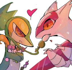 brown_eyes claws dango eating food gen_3_pokemon gen_5_pokemon half-closed_eyes heart highres holding latias legendary_pokemon nintendo pokemon pokemon_(creature) red_eyes snivy wagashi wings yellow_eyes zyoubitaki