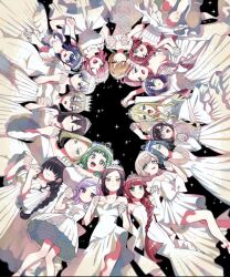 6+girls arms_up bare_arms bare_shoulders black_background blonde_hair blue_hair braid brown_hair circle_formation closed_eyes closed_mouth commentary_request cover_image dress eiai_nano elbow_gloves female_focus from_below glasses gloves green_eyes green_hair grey_hair hair_between_eyes hair_over_eyes hanazono_hahari hanazono_hakari hands_up haraga_kurumi harem heart heart-shaped_pupils holding_hands iin_chiyo inda_karane kakure_meme kedarui_aashii kimi_no_koto_ga_dai_dai_dai_dai_daisuki_na_100-nin_no_kanojo long_bangs long_dress long_hair long_sleeves looking_at_viewer medium_dress medium_hair meido_mei momi_momiji mother_and_daughter multiple_girls nakaji_uto nozawa_yukiko open_mouth orange_eyes orange_hair pink_hair purple_eyes purple_hair red_eyes red_hair smile star_(sky) starry_sky_background strapless strapless_dress sutou_iku symbol-shaped_pupils tiara torotoro_kishika utsukushisugi_mimimi white_dress white_gloves yakuzen_kusuri yakuzen_yaku yamato_nadeshiko_(hyakkano) yasashiki_yamame yoshimoto_shizuka