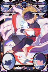 Rule 34 | 2boys, animal, baby animal, barefoot, bent spoon, black hair, black jacket, black pants, blue flower, blunt bangs, border, buttons, chain-link fence, character name, closed eyes, closed mouth, commentary, compass rose, constellation, crossed legs, dated, disembodied eye, disembodied hand, dual persona, english commentary, face in shadow, fence, fingernails, flaming eye, floating hair, flower, full body, gakuran, glowing, glowing eyes, halo, halo behind head, high collar, highres, holding, holding animal, inset border, inverted colors, jacket, kageyama shigeo, kageyama shigeo (???), lamb, light blush, lingshi reishi, long sleeves, male focus, mob psycho 100, multiple boys, no eyes, ornate border, pants, portrait (object), profile, reaching, reaching towards another, red sash, sash, school uniform, sheep, sitting, soles, spoon, star (symbol), sunflower, toes, tomato, white hair, white jacket