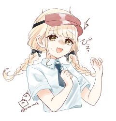 1girl :d ^^^ black_necktie blonde_hair braid brown_eyes brown_hat collared_shirt commentary_request cropped_torso fang fujita_kotone gakuen_idolmaster hands_up hat idolmaster long_hair looking_at_viewer low_twintails necktie open_mouth rino_cnc shirt short_necktie short_sleeves simple_background small_sweatdrop smile solo sweat turn_pale twin_braids twintails twitter_username upper_body visor_cap white_background white_shirt