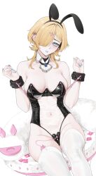 Rule 34 | 1girl, absurdres, animal ears, armpit crease, black leotard, black wrist cuffs, blonde hair, blue lips, blue nails, breasts, condom, condom wrapper, detached collar, ear piercing, earrings, fake animal ears, feet out of frame, fingernails, furrowed brow, hair ornament, hair over one eye, half-closed eyes, hands up, highres, jewelry, ku (kuchurage), large breasts, leotard, medium hair, meme attire, navel, open mouth, original, piercing, playboy bunny, rabbit ears, see-through clothes, sex toy, simple background, sitting, skin tight, sleeveless, solo, strapless, strapless leotard, thighhighs, translucent bunnysuit, vibrator, vibrator cord, vibrator under clothes, white background, white thighhighs, wrist cuffs