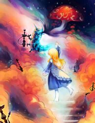 1girl alice_(alice_in_wonderland) alice_in_wonderland artist_name blonde_hair blue_dress blush boots cape caterpillar caterpillar_(alice_in_wonderland) clip_studio_paint_(medium) cloud commentary dress english_commentary flower from_behind full_body highres hookah lace-trimmed_cape leg_up light_particles long_hair long_sleeves loose_hair_strand medium_dress night night_sky pointing pointing_up pointy_nose red_flower red_rose rose sidelocks sky sleeves_past_wrists smoke smoking sparkle stairs thigh_boots uchuubranko watermark wavy_hair white_boots white_cape white_sleeve_cuffs