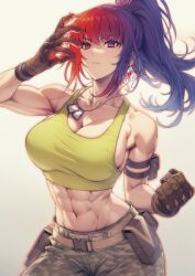 abs arm_pouch bare_shoulders belt biceps blue_hair breasts camouflage camouflage_pants collarbone crop_top dog_tags earrings gloves hazzyiii1108 jewelry leona_heidern multicolored_hair muscular muscular_female navel orochi_leona pants ponytail soldier tank_top the_king_of_fighters the_king_of_fighters_xv triangle_earrings yellow_tank_top