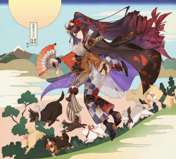 1girl ahoge bernese_mountain_dog breasts brown_hair checkered_clothes checkered_kimono dog fate/grand_order fate_(series) floral_print flower folding_fan full_body german_shepherd golden_retriever grey_kimono hair_flower hair_ornament hair_ribbon hand_fan highres hiiragi_(karashriker) husky japanese_clothes kimono kyokutei_bakin_(fate) kyokutei_bakin_(second_ascension)_(fate) long_hair long_sleeves looking_at_viewer medium_breasts multicolored_kimono ponytail red_eyes red_kimono red_ribbon revision ribbon rope samoyed_(dog) sash shiba_inu smile very_long_hair welsh_corgi wide_sleeves