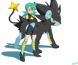 1girl aged_down bare_shoulders black_bodysuit black_footwear black_gloves bodysuit brown_eyes commentary crossed_arms elbow_gloves eyelashes gen_4_pokemon gloves green_hair grin hair_between_eyes highres jenny_(pokemon) long_hair luxray marble_(pokemon) nintendo pokemon pokemon_(anime) pokemon_(creature) pokemon_dp059 shoes signature smile standing striped_clothes striped_thighhighs teeth thighhighs white_background woogleboy
