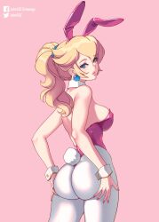 Rule 34 | 1girl, animal ears, ass, bare shoulders, blonde hair, blue eyes, breasts, collar, earrings, grabbing own ass, hair ornament, highres, jewelry, johncgz, large breasts, leotard, long hair, mario (series), nintendo, pantyhose, pink leotard, pink nails, playboy bunny, ponytail, princess peach, rabbit ears, rabbit tail, sideboob, simple background, smile, solo, sphere earrings, tail, white pantyhose, wrist cuffs