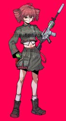 Rule 34 | 1girl, ahoge, assault rifle, black boots, boots, breasts, commentary, commission, counter-strike (series), counter-strike 2, cropped jacket, drill hair, english commentary, full body, gloves, green gloves, grey jacket, grey skirt, grin, gun, gun decal, highres, hugo (rushbordie), jacket, kasane teto, long sleeves, looking at viewer, m4 carbine, midriff, navel, pleated skirt, red background, red hair, rifle, shirt, short hair, simple background, skirt, small breasts, smile, socks, solo, standing, suppressor, twin drills, utau, weapon, white shirt, white socks
