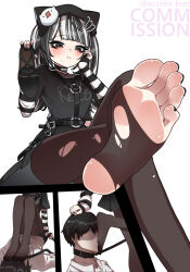 Rule 34 | 1boy, 1girl, barefoot, black eyes, black hair, blush, collar, crossed legs, ecchi-o, feet, grabbing another&#039;s hair, hand on own cheek, hand on own face, highres, leash, long hair, looking at viewer, pantyhose, parted lips, shoes, single shoe, sitting, sitting on person, soles, toes, torn clothes, torn pantyhose, twintails, unworn shoes, white hair