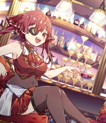 1girl bar_(place) black_thighhighs blush breasts covered_navel cropped_jacket cup drinking_glass eyepatch hair_ribbon highres hololive houshou_marine houshou_marine_(1st_costume) jacket large_breasts leotard leotard_under_clothes long_hair looking_at_viewer notamaru_2 open_mouth red_eyes red_hair red_jacket red_ribbon red_skirt ribbon skirt sleeveless sleeveless_jacket smile solo thighhighs twintails virtual_youtuber wine_glass