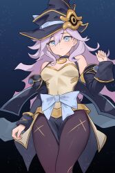 1girl absurdres aqua_bow aqua_eyes black_pantyhose blush bow breasts card_game closed_mouth covered_navel detached_sleeves duel_monster earrings hair_between_eyes hair_ornament hat highres jewelry long_hair long_sleeves medium_breasts nbee_ya nightmare_apprentice pantyhose pelvic_curtain purple_hair solo wide_sleeves witch witch_hat yu-gi-oh!