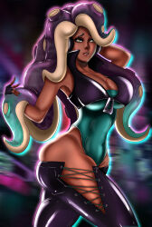 Rule 34 | 1girl, abs, absurdres, bare shoulders, breasts, cleavage, dark-skinned female, dark skin, headphones, highres, large breasts, leotard, lips, marina (splatoon), nintendo, octoling, sleeveless, sonson-sensei, splatoon (series), tentacle hair
