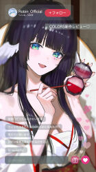 1girl absurdres alternate_costume alternate_hair_color bare_shoulders blunt_bangs blush feathered_wings green_eyes hair_wings highres holding holding_brush holding_makeup_brush holding_makeup_palette honkai:_star_rail honkai_(series) japanese_clothes kimono livestream long_hair looking_at_viewer makeup_brush maria_(maria_rose) obi open_mouth purple_hair red_sash robin_(honkai:_star_rail) sash sidelocks solo upper_body white_kimono wings