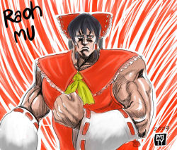 1girl black_hair bow detached_sleeves female_focus hair_bow hakurei_reimu hara_tetsuo_(style) hokuto_no_ken japanese_clothes miko muscular parody patty_(artist) raoh raoh_(hokuto_no_ken) red_eyes solo style_parody touhou twintails