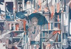 1girl absurdres aiamu_iamu artist_name blonde_hair blue_eyes blue_skirt book bookshelf brown_hair cage clothing_request cloud commentary_request flower heterochromia highres holding long_hair original photo_(object) purple_eyes reflection shirt signature skirt sky smoking_pipe umbrella white_shirt wire